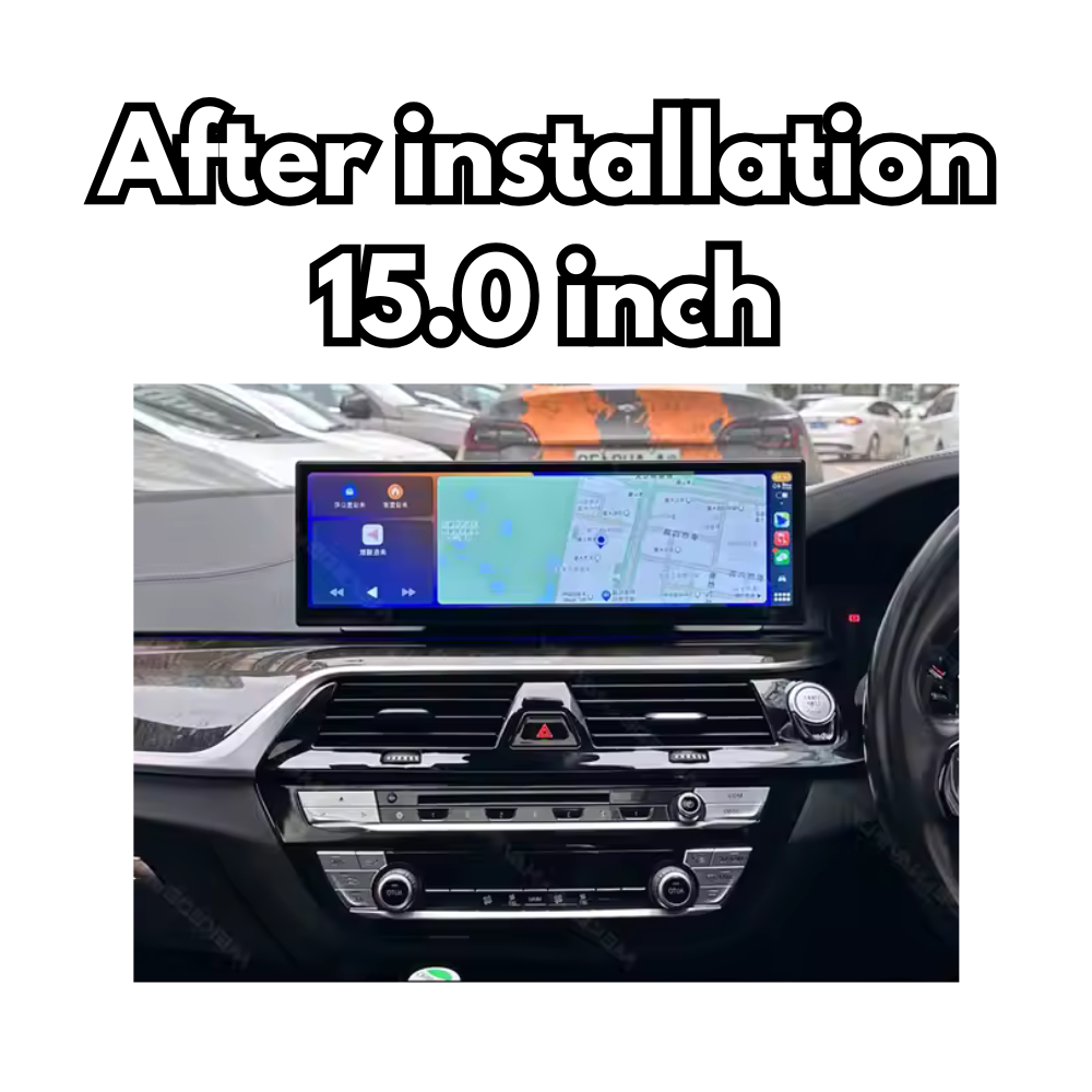 Movyro BMW 5 Series G30 G31 2017-2024 Android 15 car stereo with CarPlay and Android Auto interface installed in the dashboard.