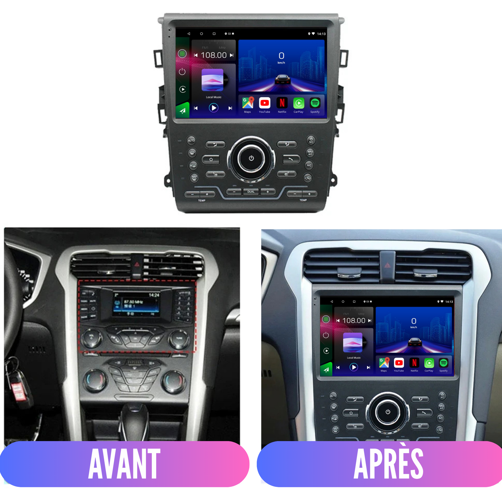 Autoradio Movyro Ford Fusion Mondeo MK5 2013-2018 avec écran Android 15, Apple CarPlay et Android Auto, affichage de l'écran.