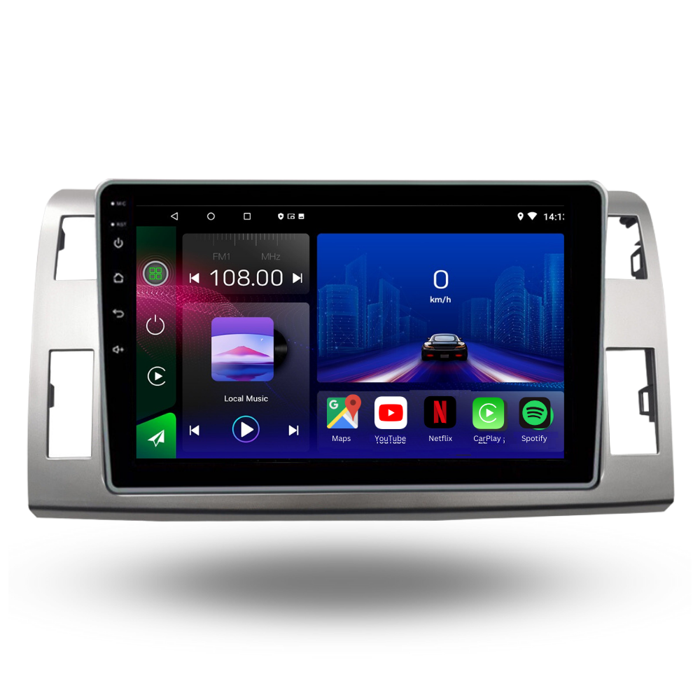 Toyota Estima 2006-2016 Movyro Android 15 Autoradio with Apple CarPlay and Android Auto interface, mounted inside vehicle dashboard.