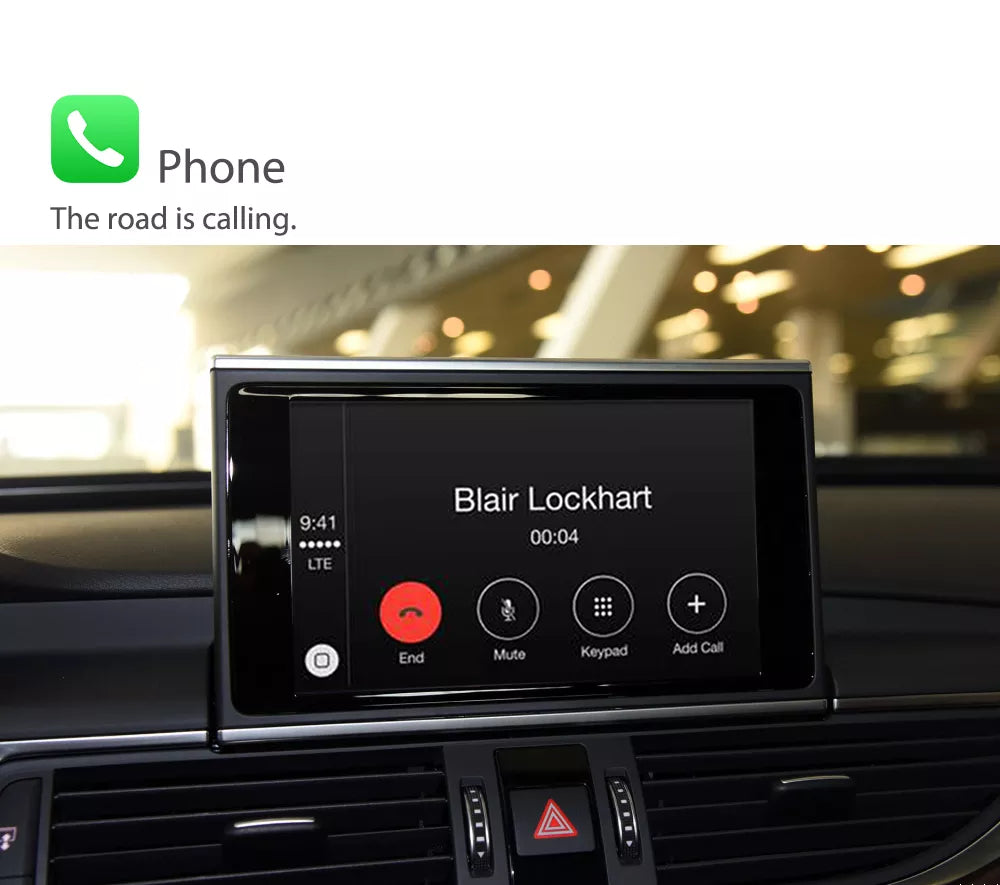 Décodeur Movyro pour retrofit Apple CarPlay sans fil et Android Auto dans un tableau de bord Audi, connecté et fonctionnel.