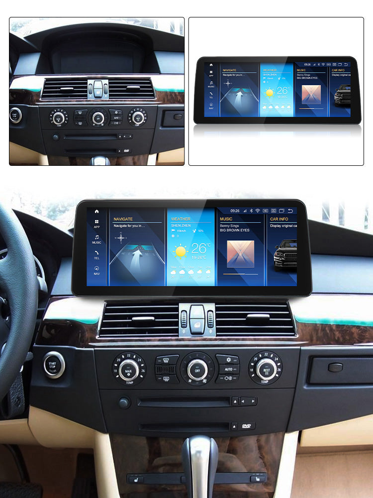 Movyro BMW 3, 5, 6 Series E90, E91, E92, E93, E60, E61, E62, E63, E64 Android 15 car stereo with CarPlay and Android Auto interface.