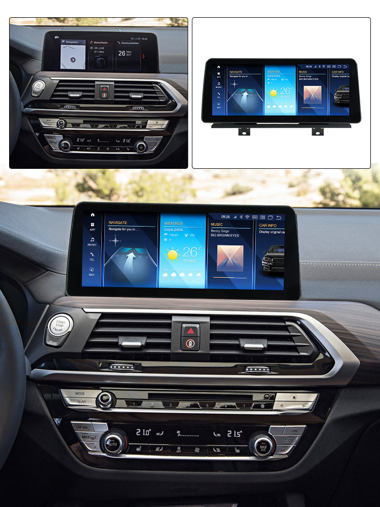 Movyro Android 15 car stereo for BMW X3 X4 2017-2022 G01 G02 with CarPlay and Android Auto display inside the vehicle.