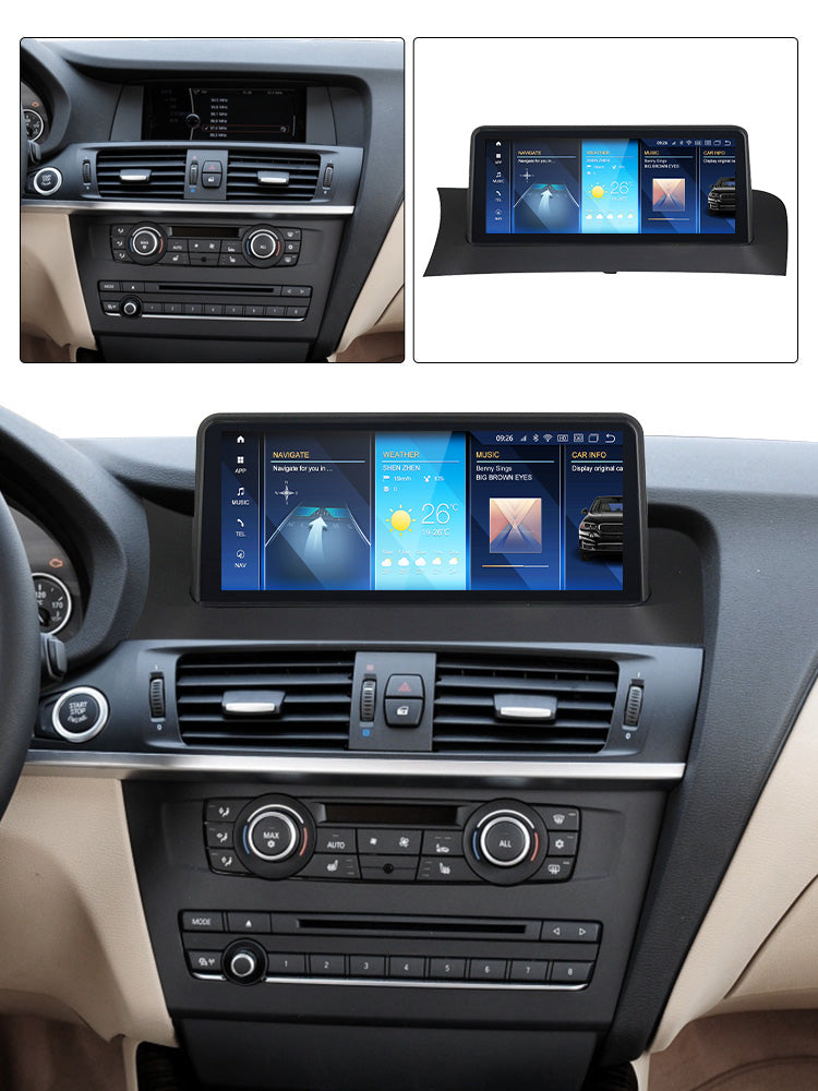 Movyro BMW X3 X4 2010-2018 car stereo with Android Auto, CarPlay, touchscreen display, and CIC NBT EVO interface.
