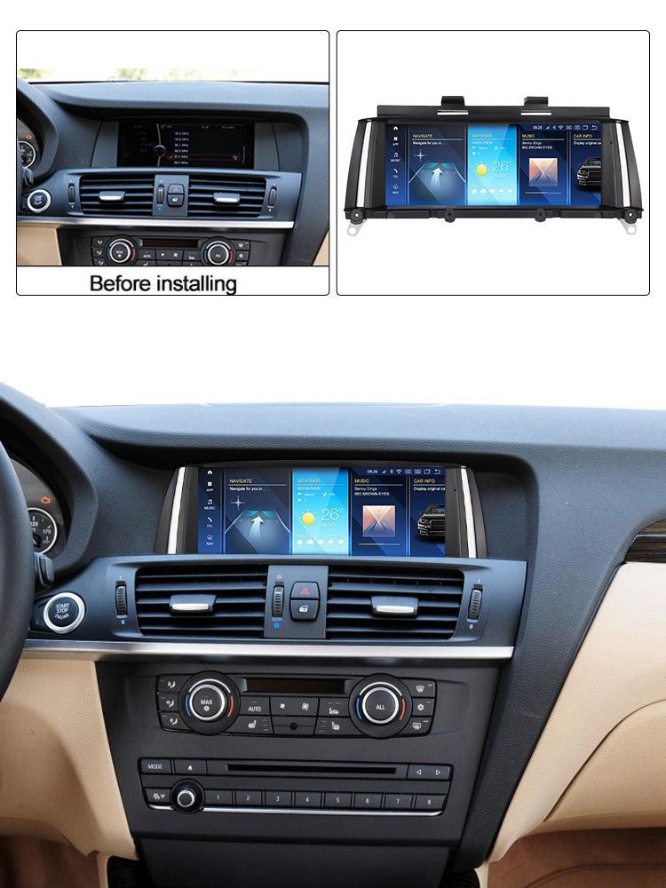 Movyro Android 15 CarPlay & Android Auto car stereo for BMW X3 X4 2010-2018 F25 F26 with CIC NBT EVO system displayed in the image.