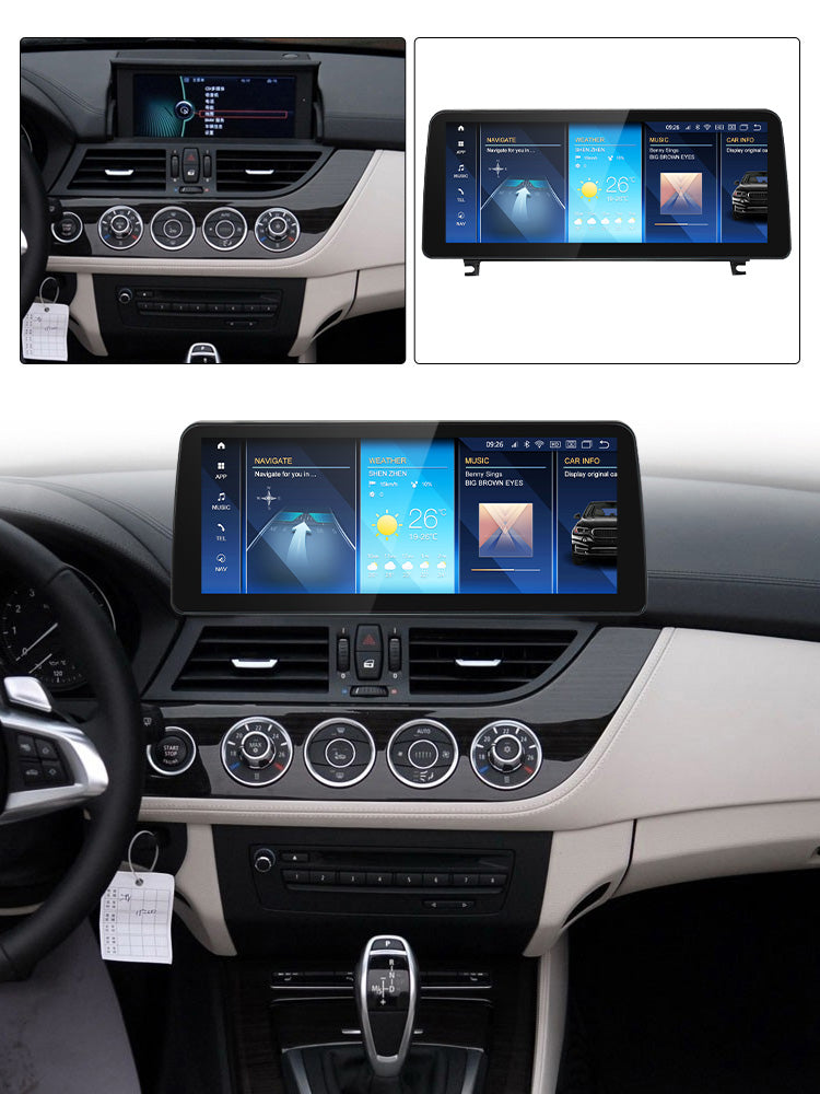Autoradio CarStereo Movyro pour BMW Z4 2009-2016 E89, écran Android 15 avec CarPlay et Android Auto, affichage visible.