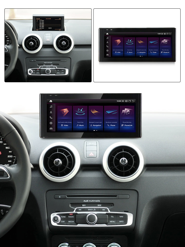 Movyro Android 15 Car Stereo for Audi A1 S1 2010-2018 with CarPlay and Android Auto, showing the touchscreen display.