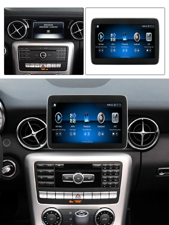 Movyro Mercedes SLK SLC 2011-2018 car stereo with Android 15, CarPlay, and Android Auto installed in a 750x1000 image.