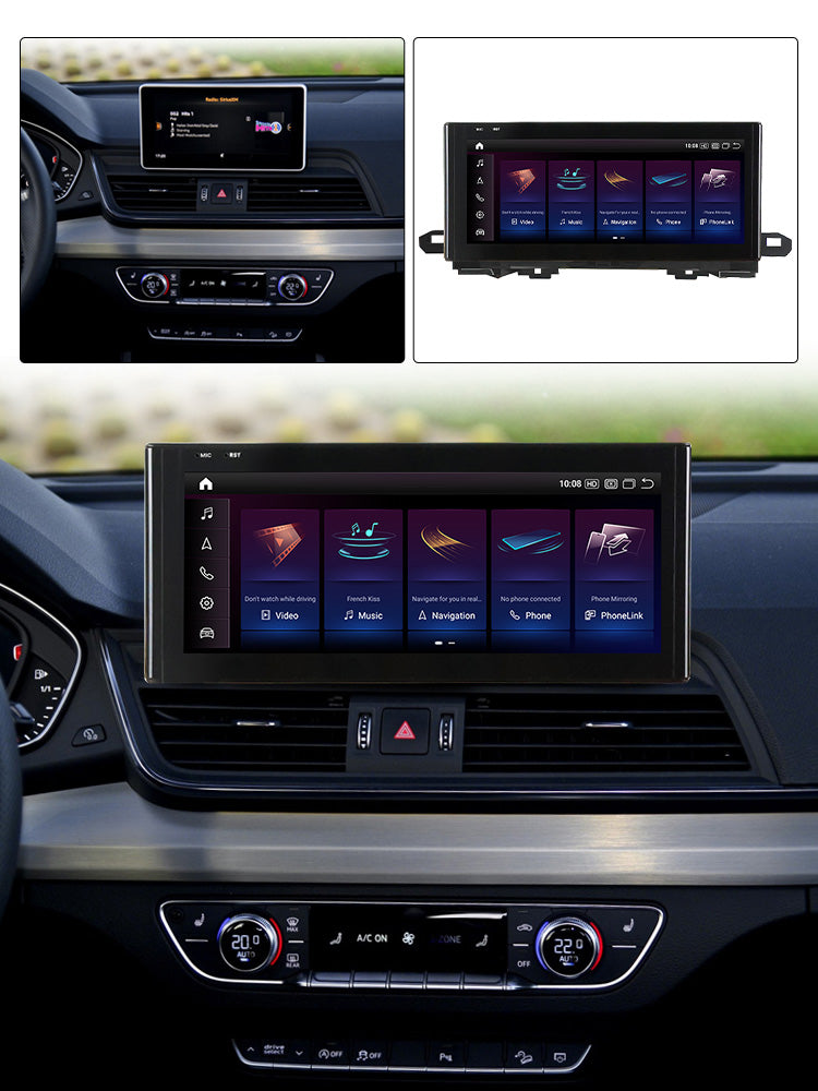 Movyro Android Car Stereo for Audi Q5 SQ5 RSQ5 2016-2020 with CarPlay and Android Auto interface, shown in dashboard installation.