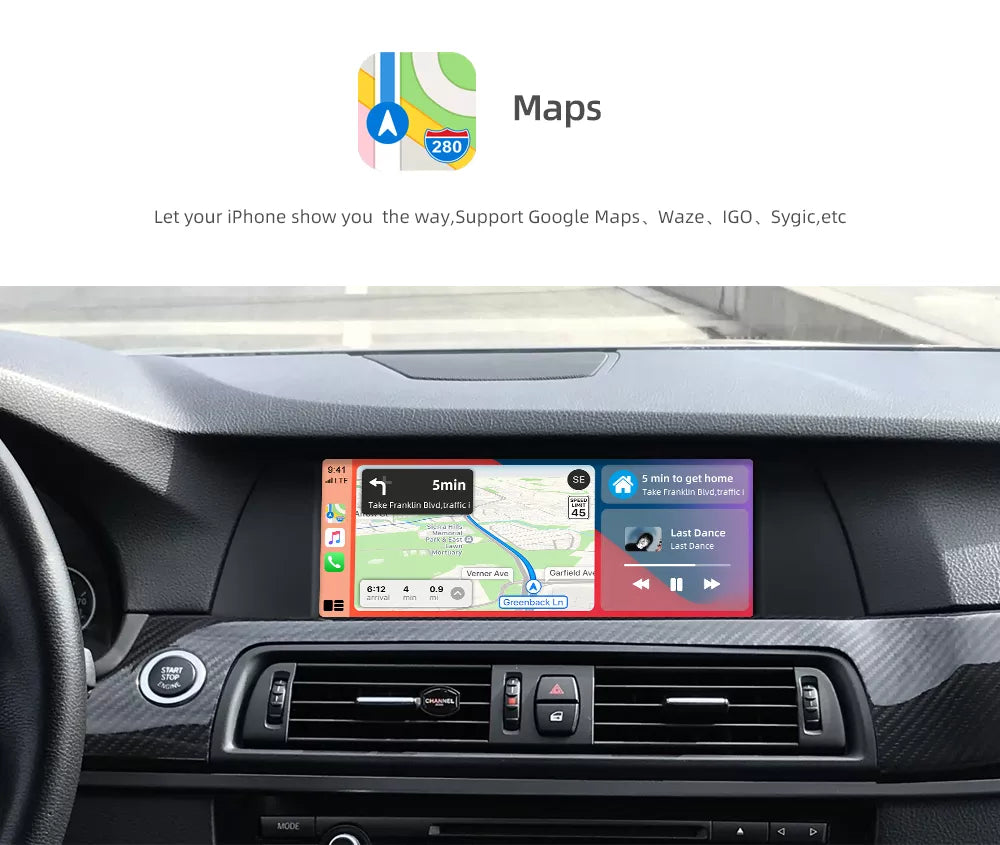 Movyro wireless Apple CarPlay retrofit device for BMW with Android Auto integration, shown connected inside a car dashboard.