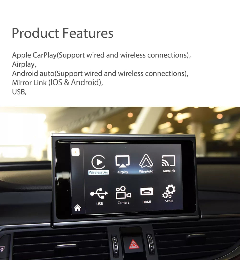 Décodeur Movyro pour retrofit Apple CarPlay sans fil et Android Auto, compatible avec Audi, intégré dans le tableau de bord.