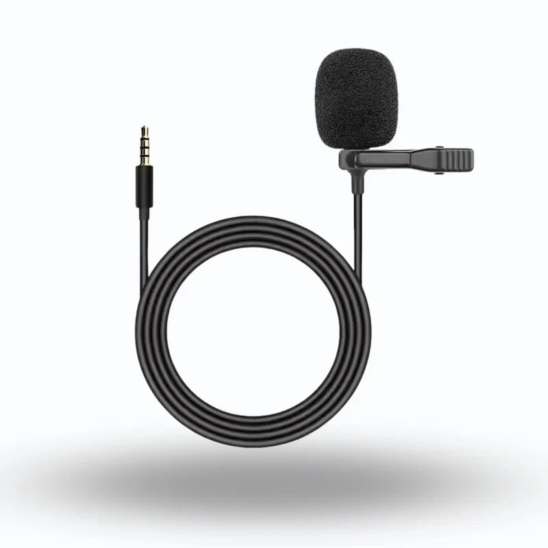 Microphone audio mains libres universel Movyro avec connecteur 3,5 mm pour autoradio stéréo, vue de face.