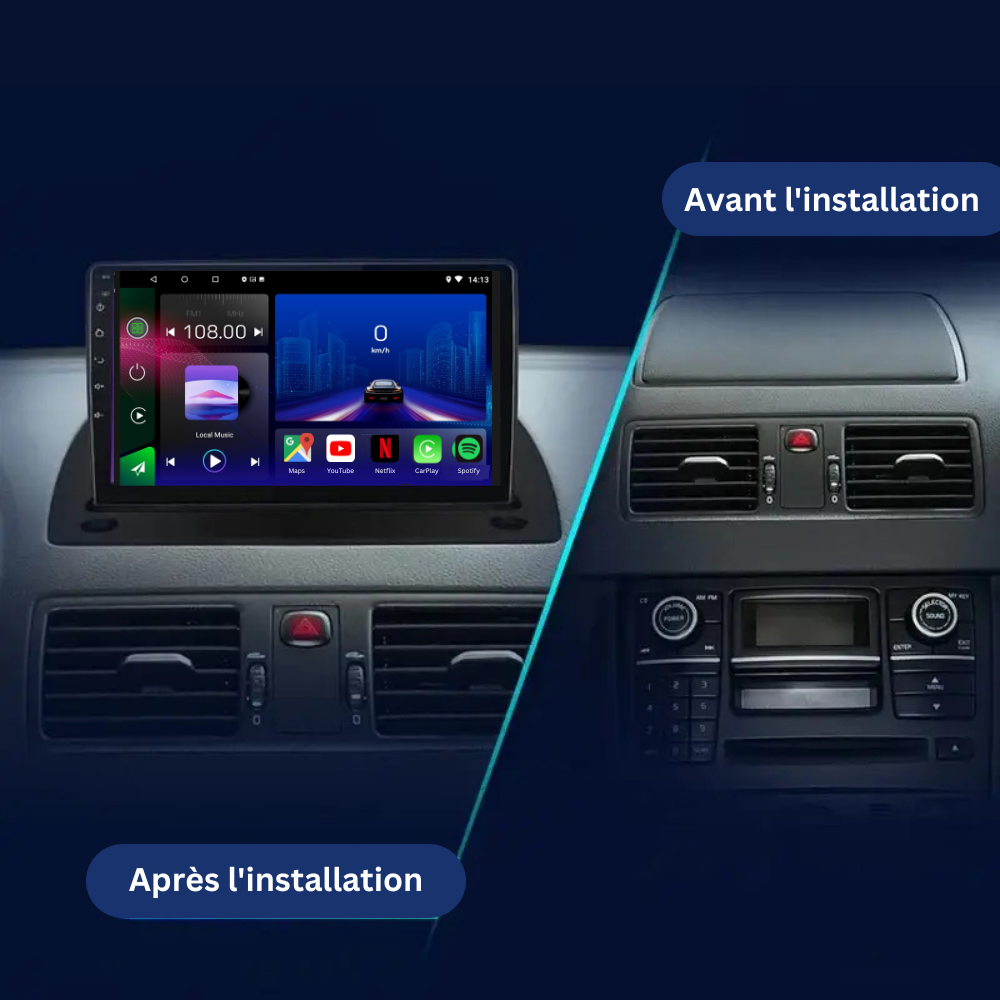 Autoradio Movyro Android 15 pour Volvo XC90 2003-2014 avec Apple CarPlay et Android Auto, écran tactile de 9 pouces.