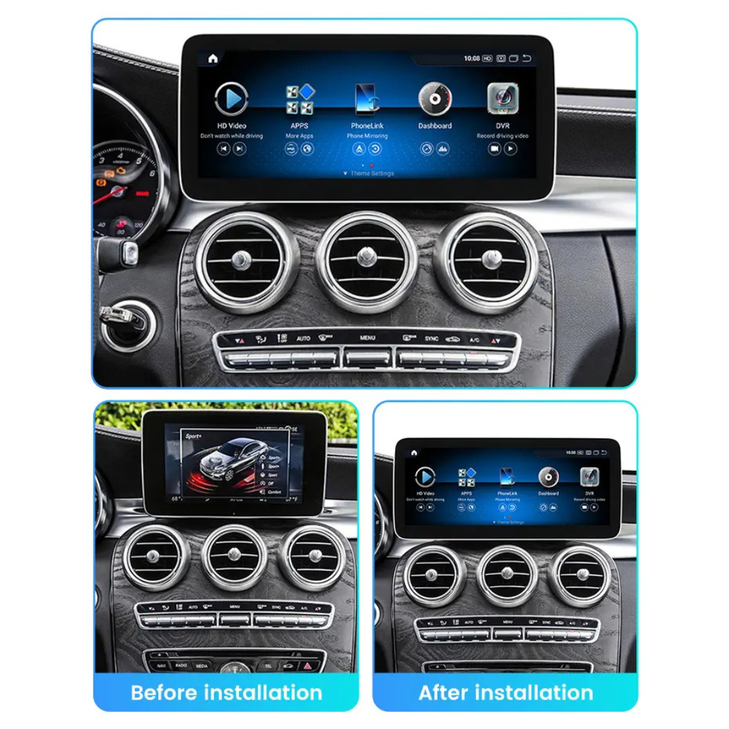 Autoradio CarPlay Android Auto Movyro pour Mercedes C Class, GLC, V-Class, Vito 2014-2019 W205 X253 W446, écran tactile.