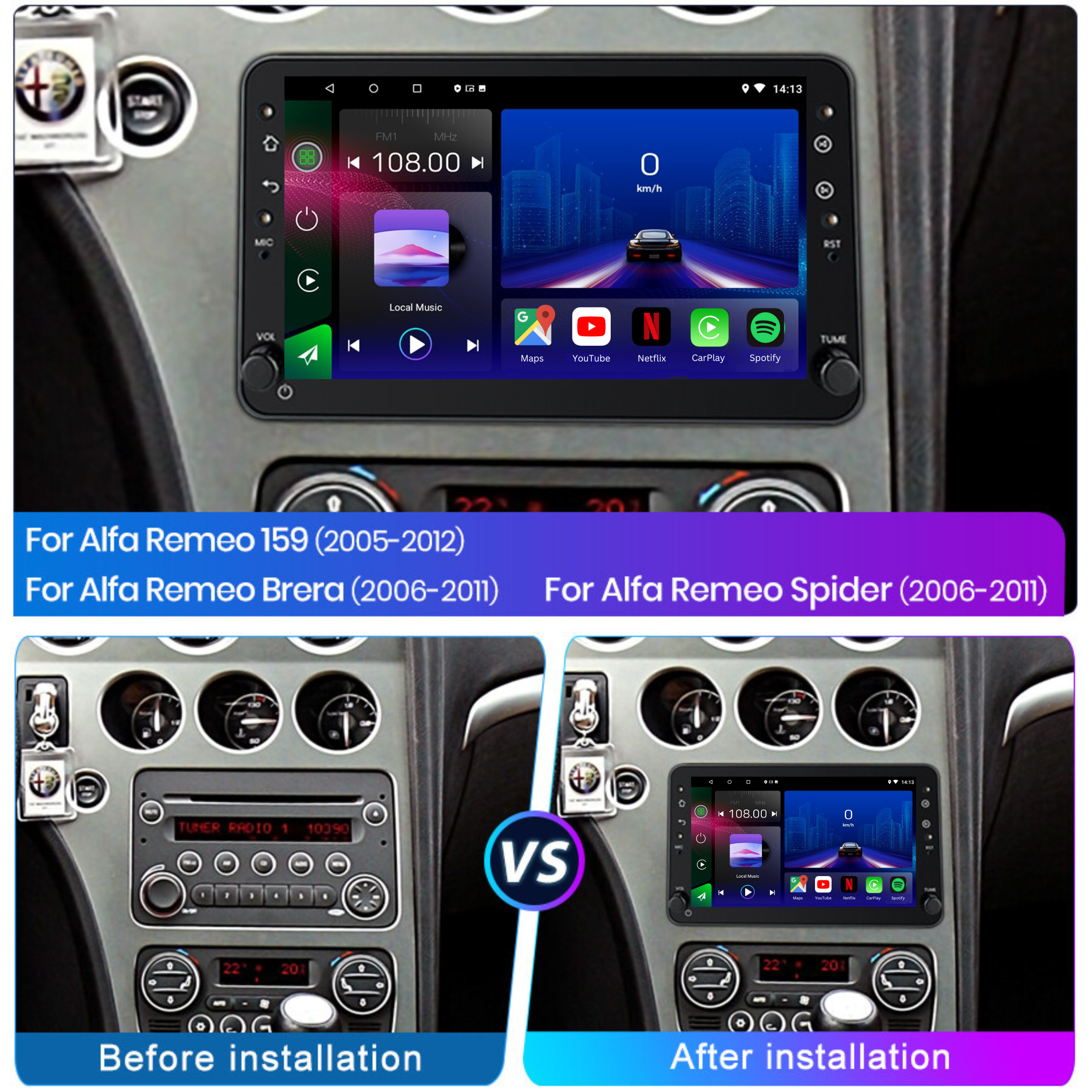 Autoradio Movyro pour Alfa Romeo 159, Brera, Spider 2005-2012 avec Apple CarPlay et Android Auto, écran tactile moderne.