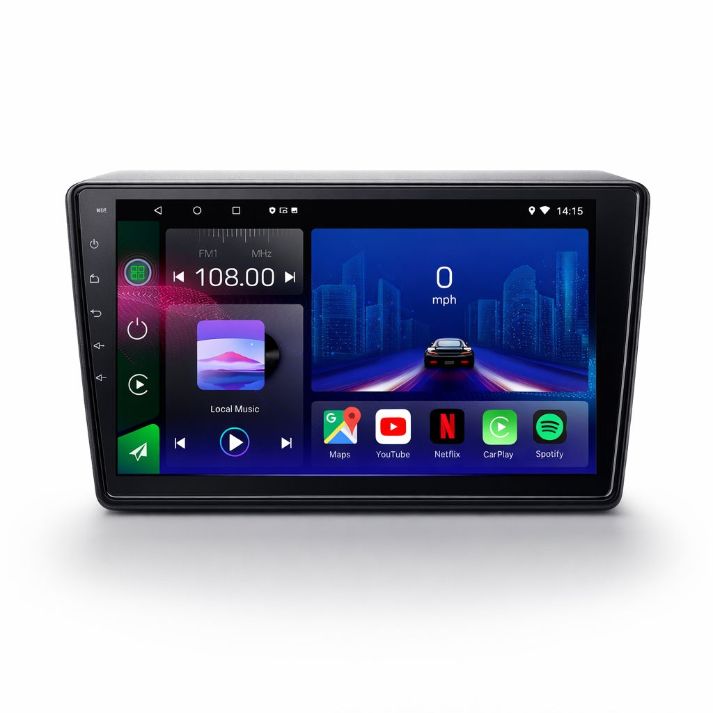 Autoradio Nissan Navara 2006-2014 Movyro avec écran Android 15, compatible CarPlay et Android Auto, visible sur l'image.