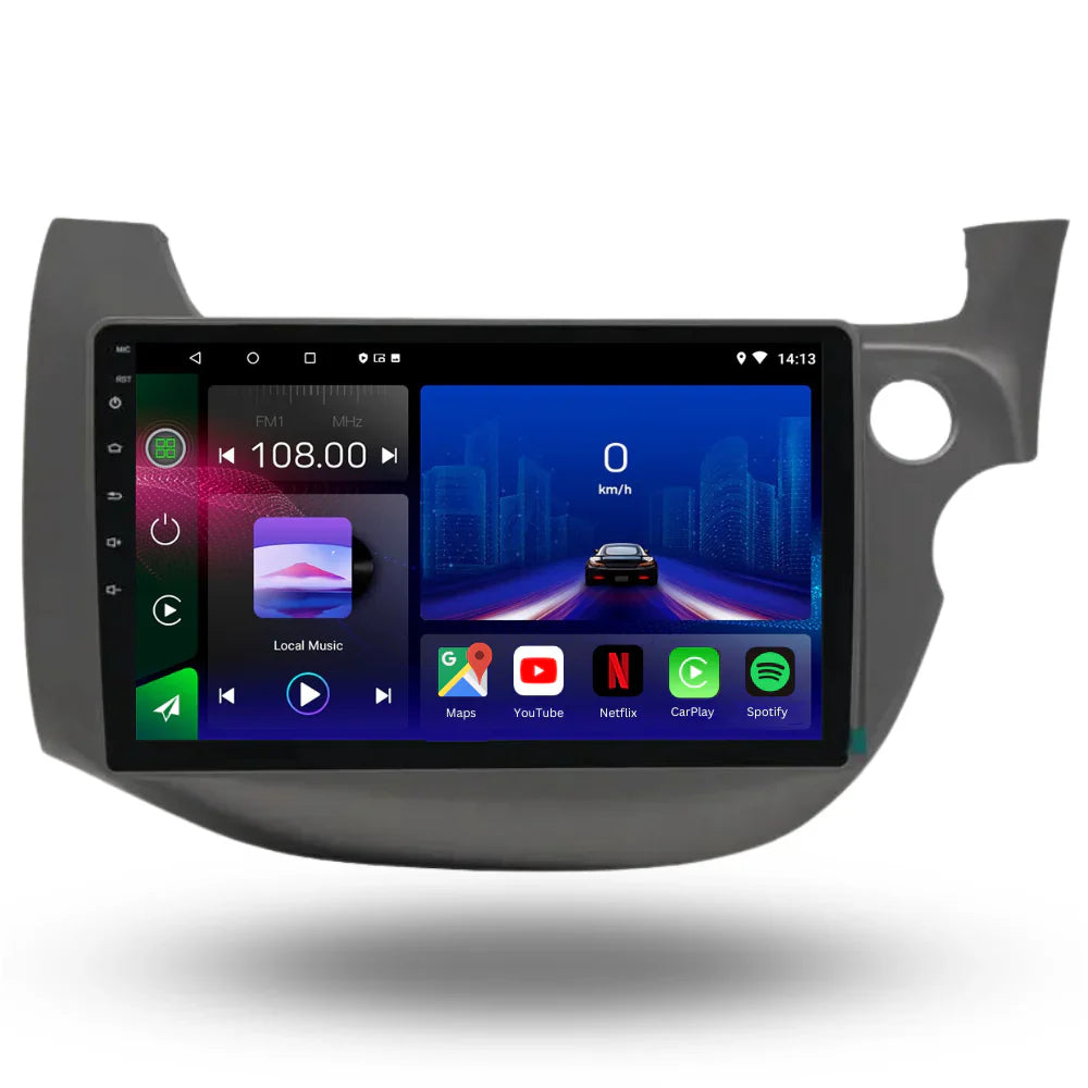 Autoradio Movyro Android 15 pour Honda Jazz 2007-2013 avec Apple CarPlay et Android Auto, affichage numérique et commandes tactiles