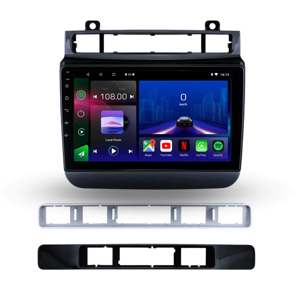 Autoradio Android 15 Movyro pour Volkswagen Touareg 2010-2018 avec Apple CarPlay et Android Auto, écran tactile moderne.