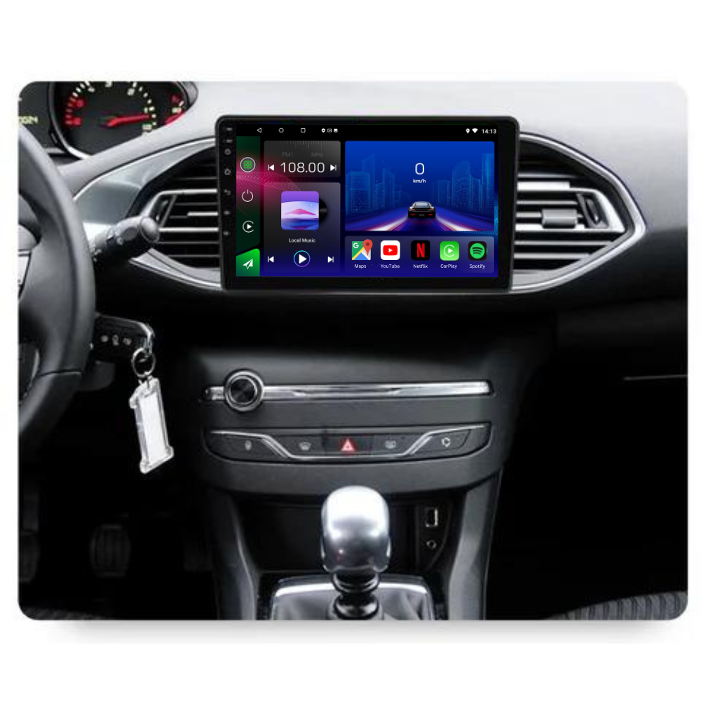 Autoradio Android 15 Movyro pour Peugeot 308 2013-2020 avec Apple CarPlay et Android Auto, écran tactile moderne.