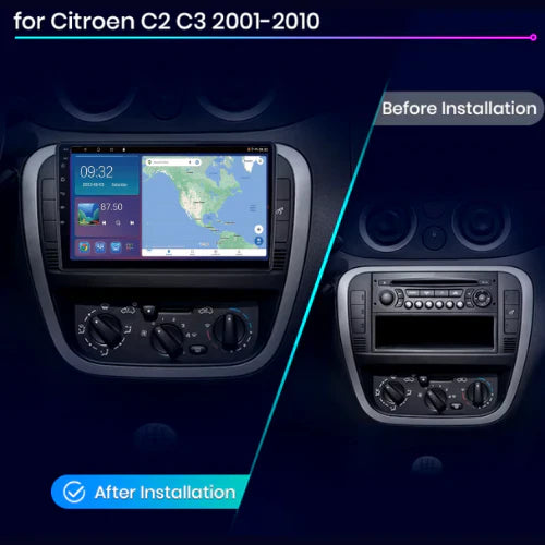 Autoradio Movyro pour Citroën C2 C3 2001-2010, écran Android 15, compatible Apple CarPlay et Android Auto, affichage clair.