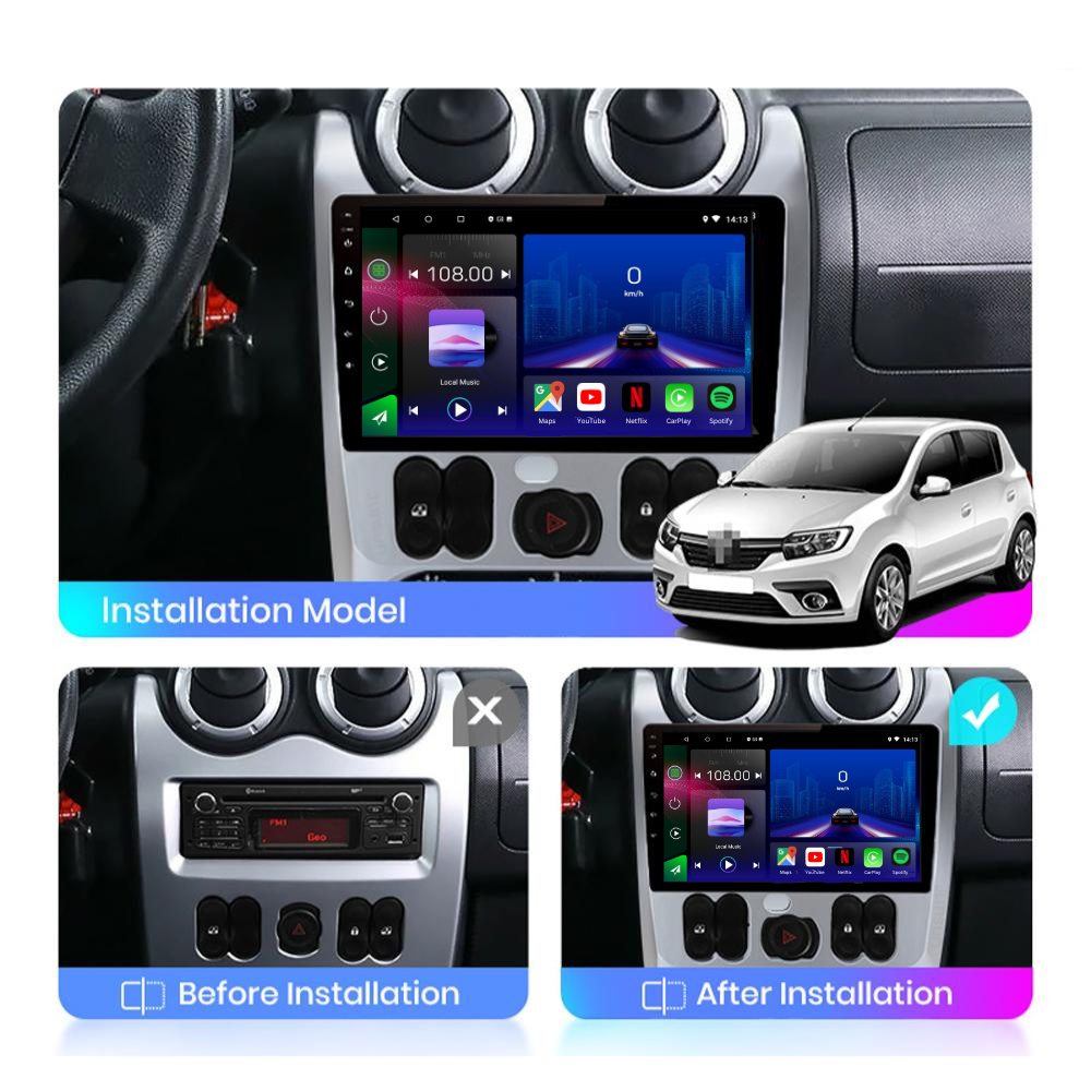 Movyro Android 15 autoradio with Apple CarPlay and Android Auto installed in a vehicle, compatible with Dacia Logan Sandero, Duster, Nissan NP.