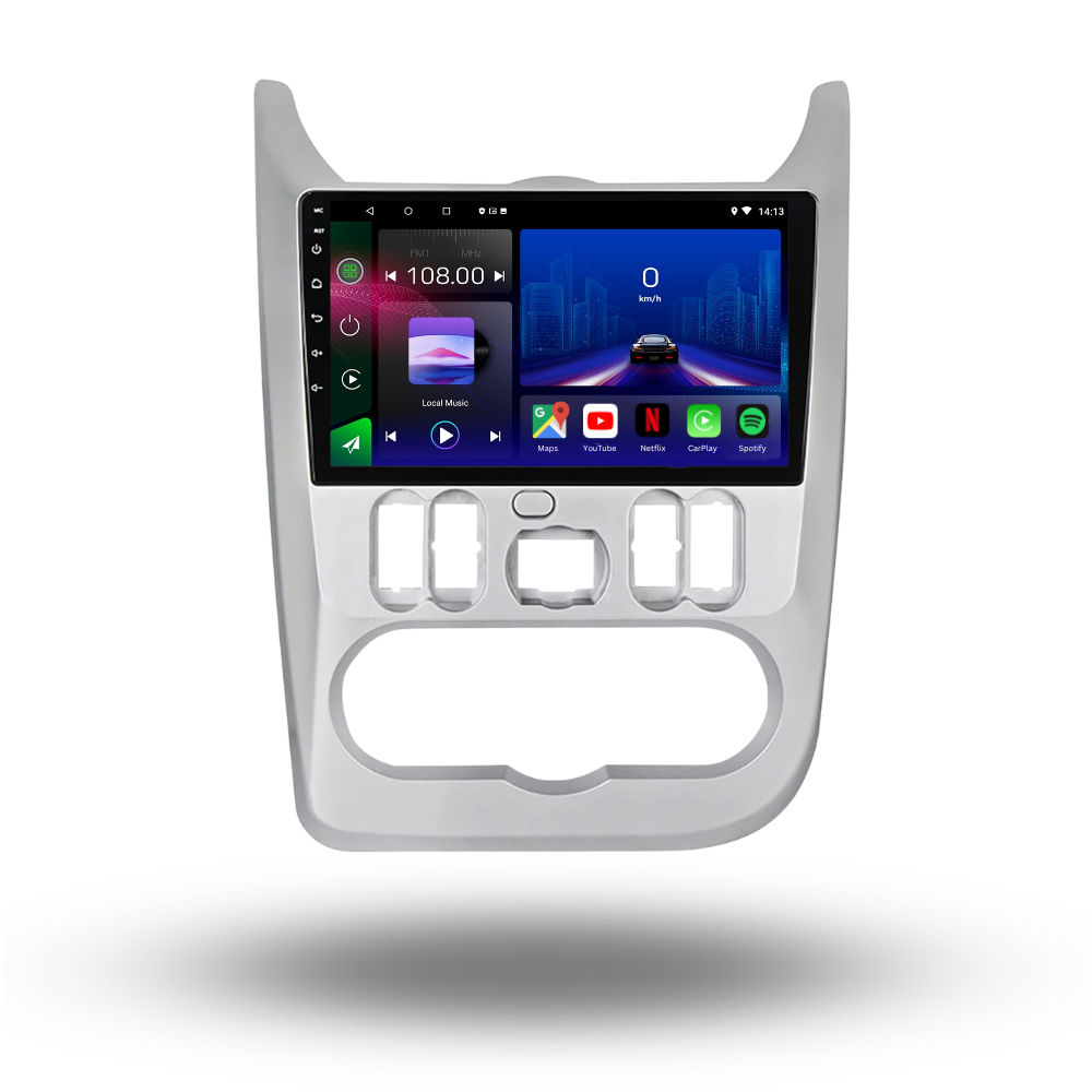 Movyro Android 15 Autoradio with Apple CarPlay and Android Auto installed in a vehicle, compatible with Dacia Logan, Sandero, Duster, and Nissan NP.