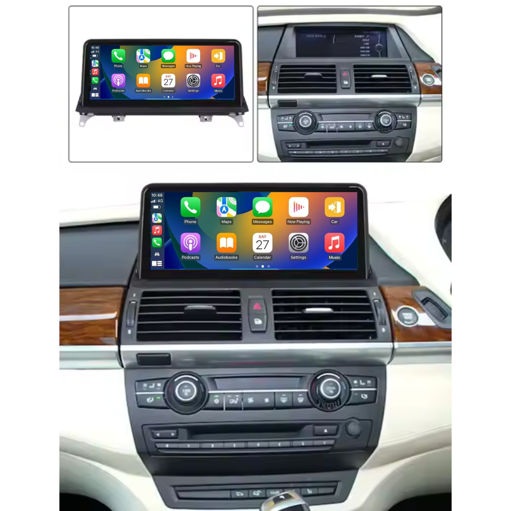 Movyro Android 15 car stereo for BMW X5 E70 and X6 E71 2006-2014 with CarPlay and Android Auto display.