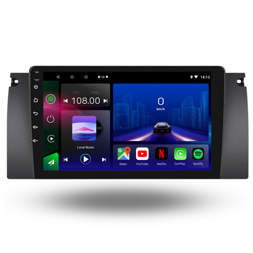 Autoradio Movyro pour BMW X5 E53 et Série 5 E39 avec Android 15, Apple CarPlay et Android Auto, affichage numérique.