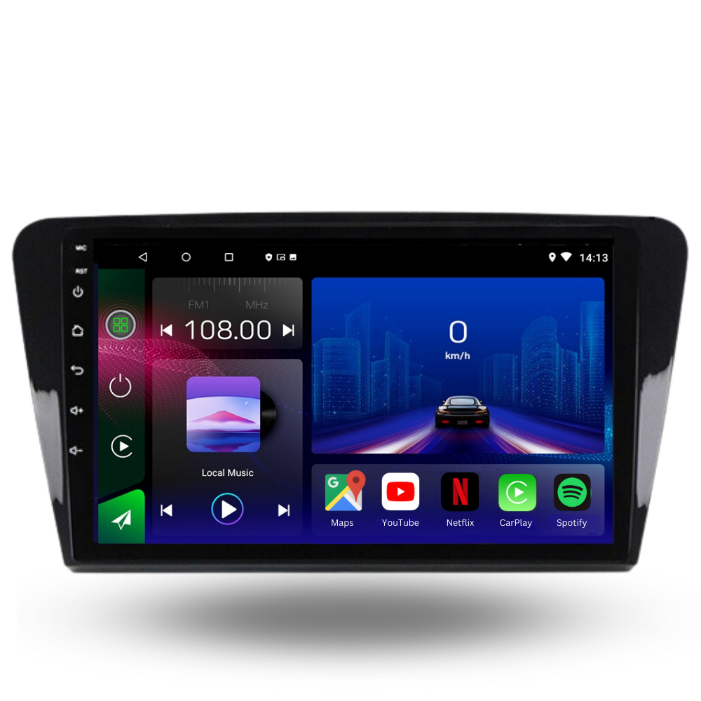 Movyro Android 15 autoradio installed in a Skoda Octavia MK3 Rapid (2013-2019) with Apple CarPlay and Android Auto features.
