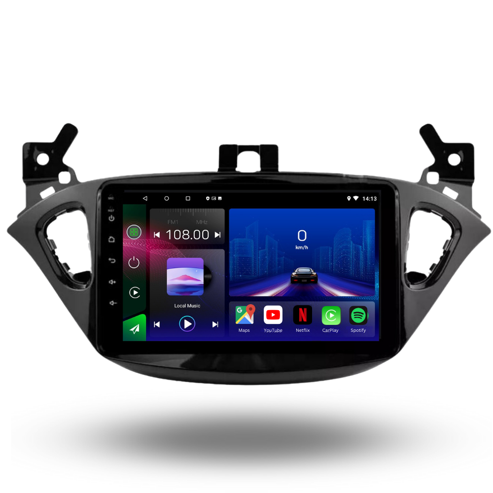 Autoradio Movyro pour Opel Corsa E Adam 2013-2019 avec Android 15, Apple CarPlay et Android Auto, affiché sur le tableau de bord.