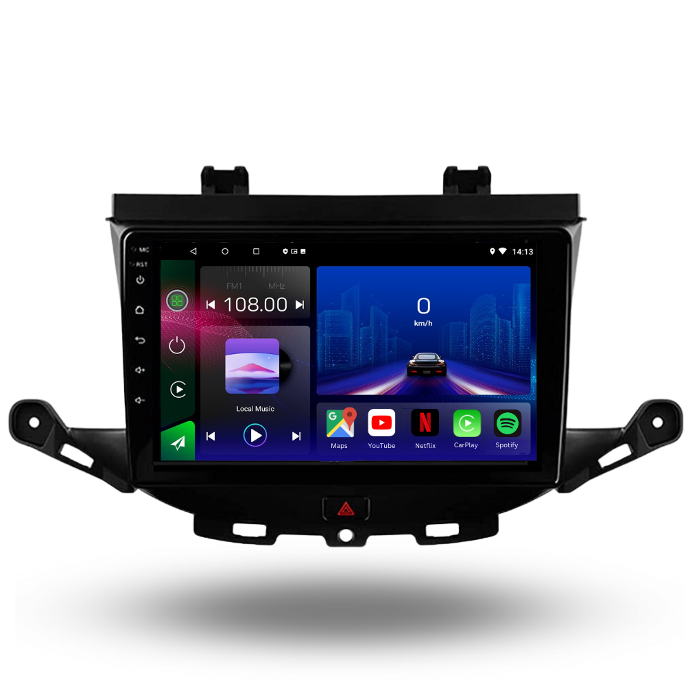 Autoradio Movyro pour Opel Astra K 2015-2022 avec écran Android 15, Apple CarPlay et Android Auto installé dans un véhicule.