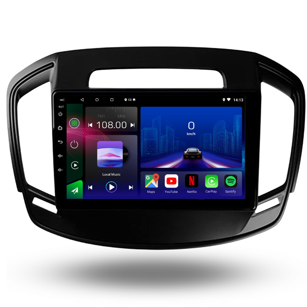 Movyro Opel Insignia 2013-2017 Android 15 Autoradio with Apple CarPlay and Android Auto, shown installed in vehicle dashboard.
