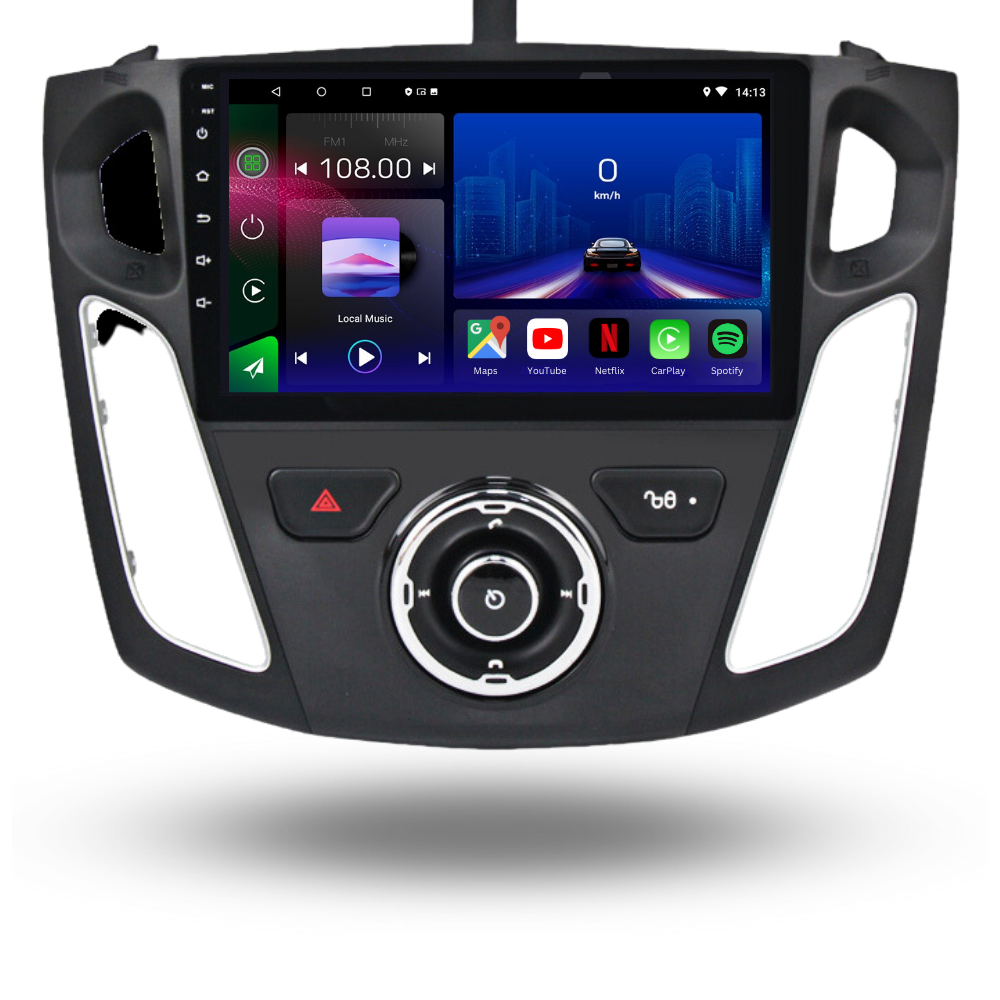 Autoradio Android 15 Movyro pour Ford Focus MK3 2011-2018 avec Apple CarPlay et Android Auto, écran tactile moderne.
