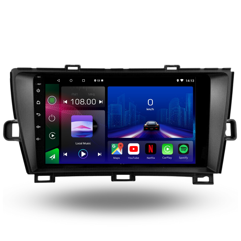 Movyro Toyota Prius 2009-2015 Android 15 autoradio with Apple CarPlay and Android Auto, installed in a car dashboard.
