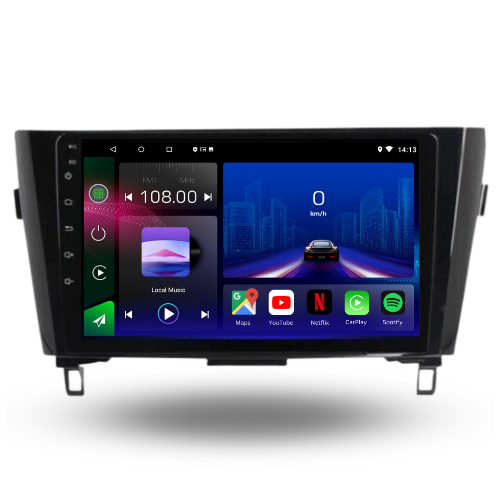 Autoradio Movyro pour Nissan Qashqai et X-Trail 2013-2020 avec écran Android 15, Apple CarPlay et Android Auto, affiché en image.