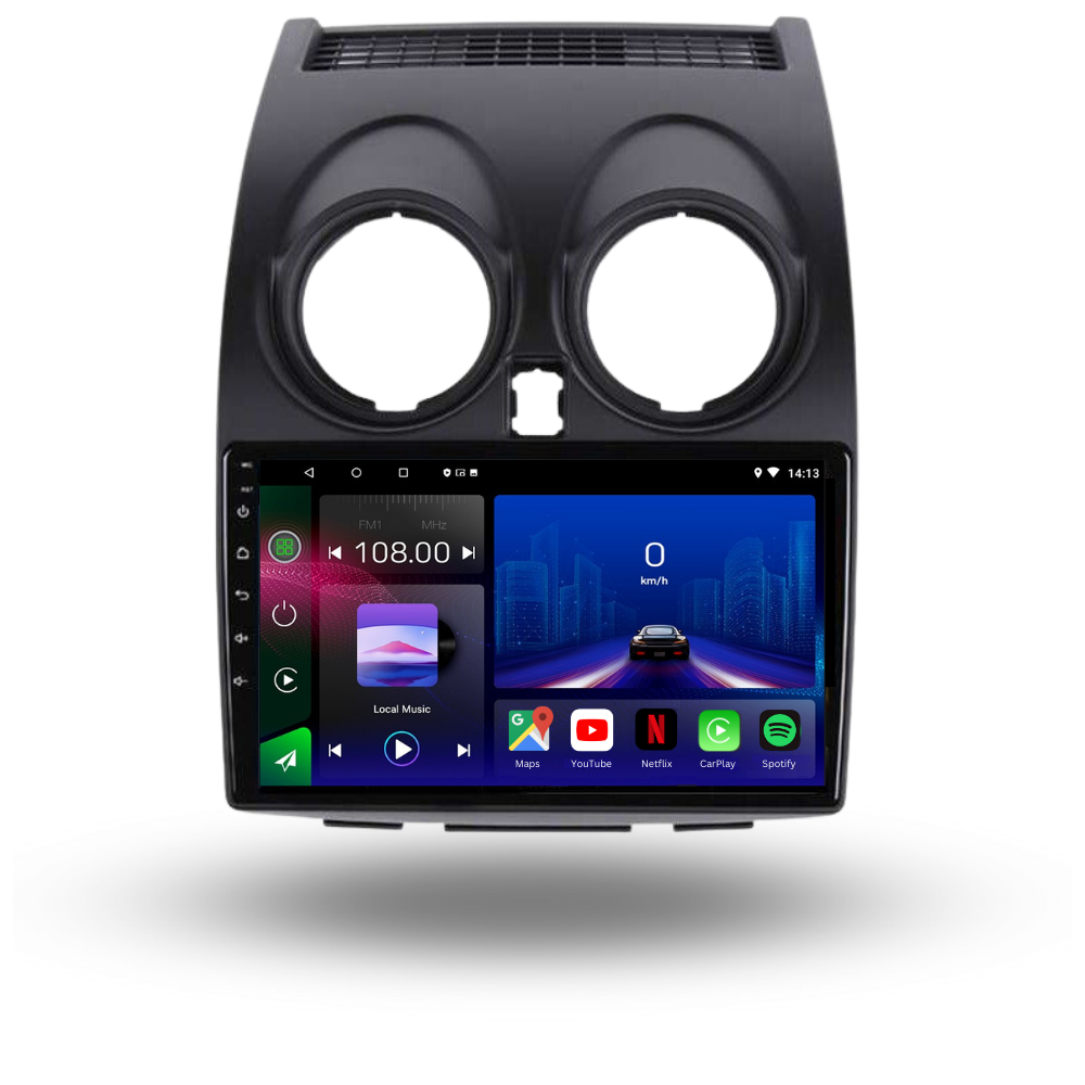 Movyro Nissan Qashqai 2006-2013 Android 15 autoradio with Apple CarPlay and Android Auto, installed in a vehicle dashboard.