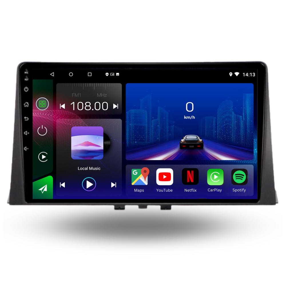 Movyro Android 15 autoradio for Peugeot Partner, Citroen Berlingo, Opel Combo (2018-2023) with Apple CarPlay and Android Auto.