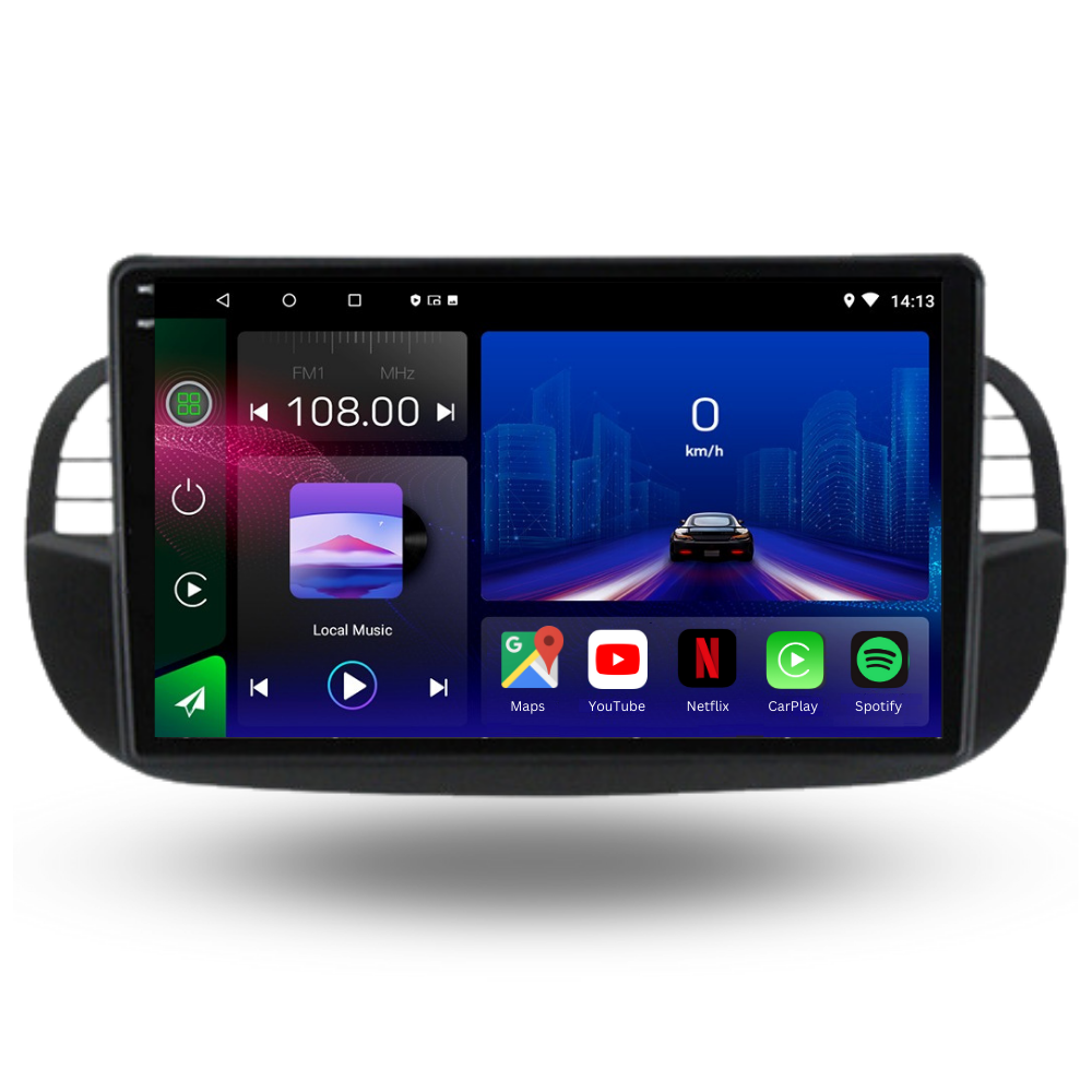 Autoradio Movyro pour FIAT 500 2007-2015 avec écran Android 15, Apple CarPlay et Android Auto, affiché sur l'écran de l'autoradio.