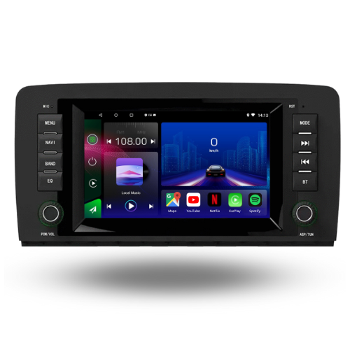 Movyro Mercedes R-Class 2006-2016 Android 15 autoradio with Apple CarPlay and Android Auto, installed in the vehicle dashboard.