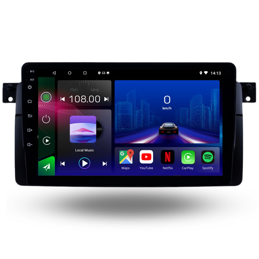 Autoradio Movyro pour BMW 3 Series E46 1997-2006 avec écran Android 15, Apple CarPlay et Android Auto, affichage de l'écran.