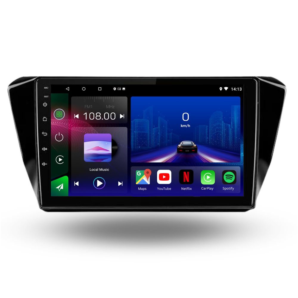 Movyro Skoda Superb 2015-2020 Android 15 autoradio with Apple CarPlay and Android Auto, installed in a vehicle dashboard.