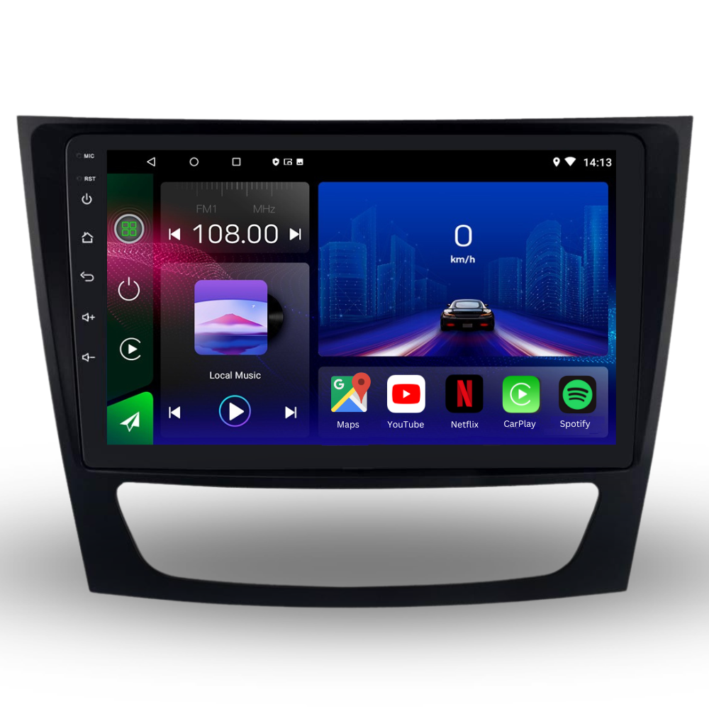 Autoradio Android 15 Movyro pour Mercedes E-Class W211 2002-2010 avec Apple CarPlay et Android Auto, écran tactile.
