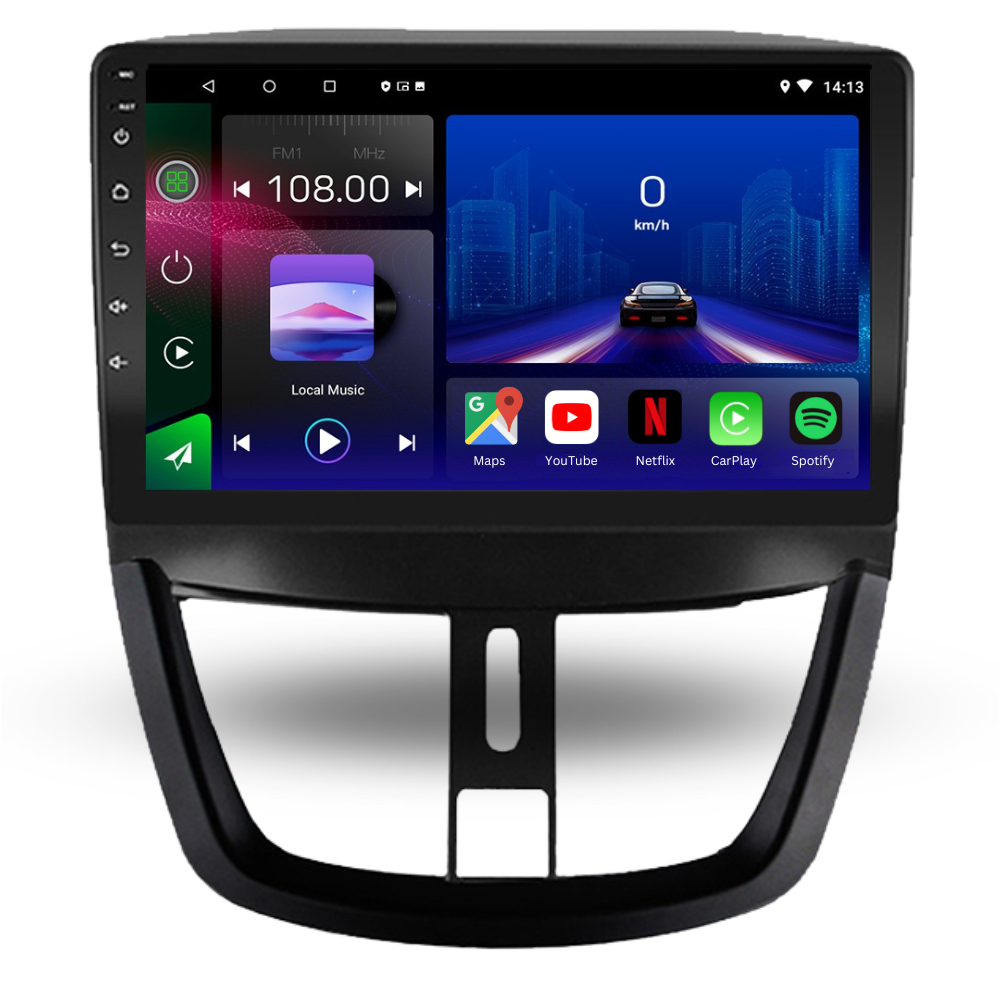 Autoradio Movyro pour Peugeot 207 CC 2006-2014 avec Android 15, Apple CarPlay et Android Auto, affichage moderne.