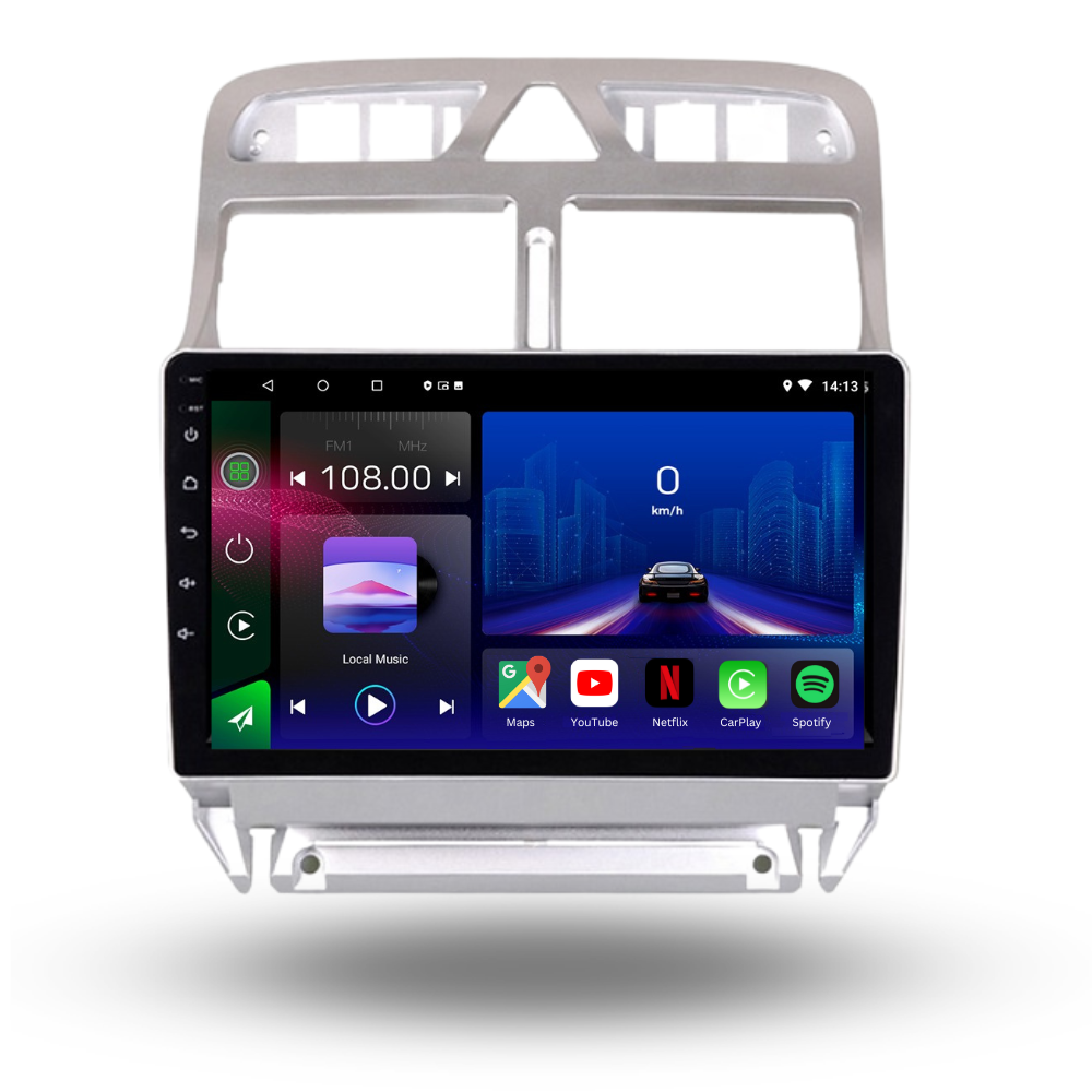 Autoradio Movyro pour Peugeot 307 CC 2001-2013 avec Android 15, Apple CarPlay et Android Auto, affichage du tableau de bord.