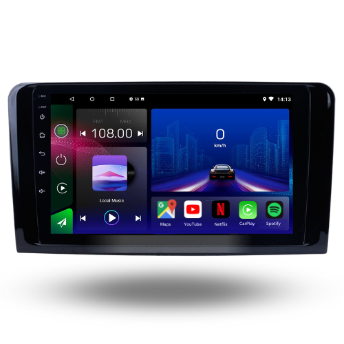 Autoradio Movyro Mercedes ML GL 2005-2011 avec écran Android 15, Apple CarPlay et Android Auto, visible sur l'écran de la voiture.