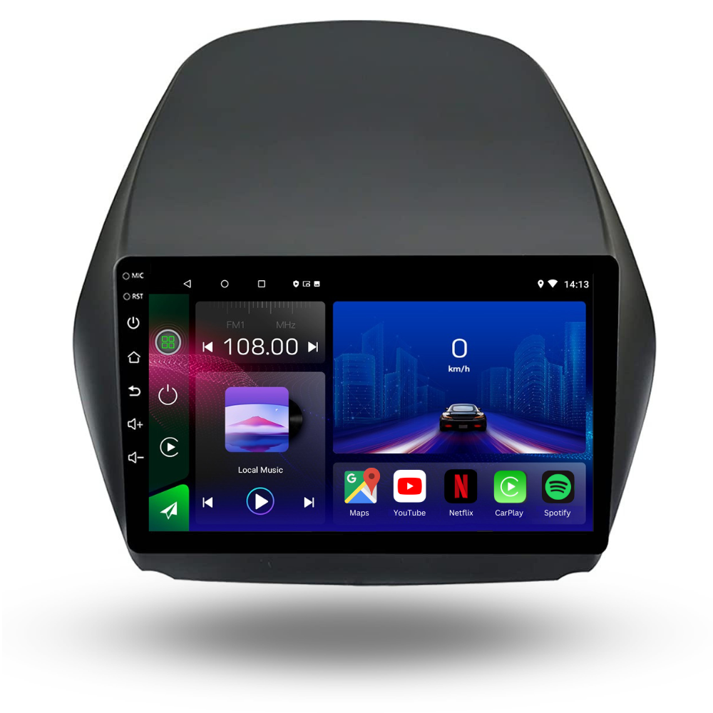 Movyro Hyundai ix35 2009-2015 Android 15 autoradio with Apple CarPlay and Android Auto display in a car dashboard.