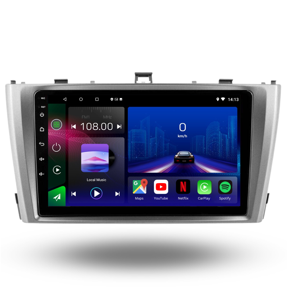 Autoradio Movyro Android 15 pour Toyota Avensis 2009-2015 avec Apple CarPlay et Android Auto, écran tactile moderne.