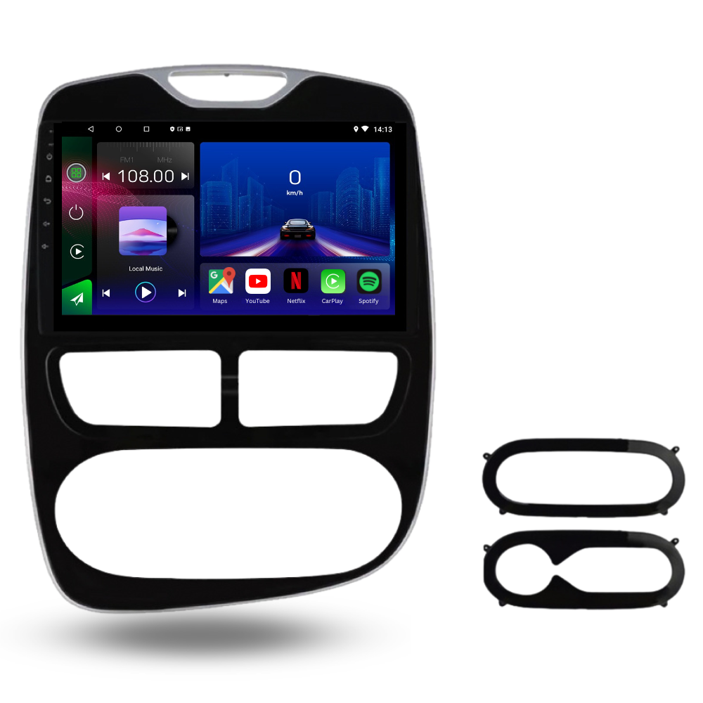 Movyro Renault Clio 4 2012-2021 Android 15 autoradio with Apple CarPlay and Android Auto interface, installed in the dashboard.