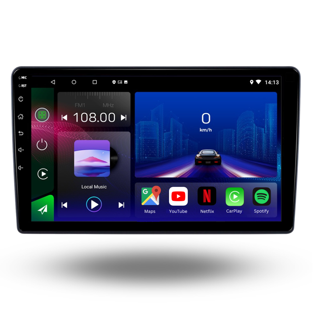 Movyro 10-inch Android 15 autoradio with Apple CarPlay and Android Auto installed in a BMW X1 (2009-2015) dashboard.