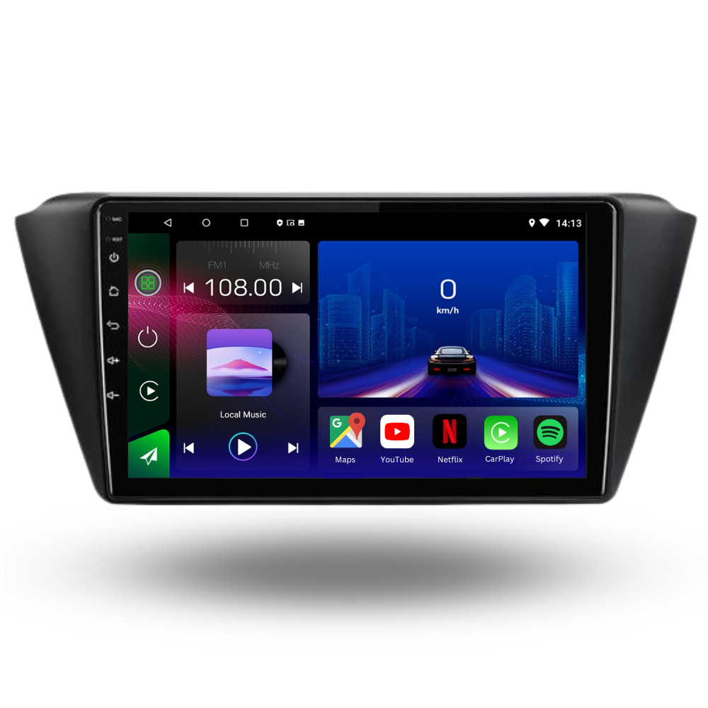 Autoradio Movyro pour Skoda Fabia 2015-2020 avec Android 15, Apple CarPlay et Android Auto, écran tactile moderne.