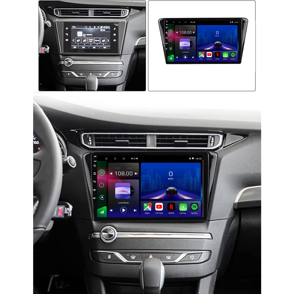 Autoradio Android 15 Movyro pour Peugeot 408 2014-2019 avec Apple CarPlay et Android Auto, interface moderne.